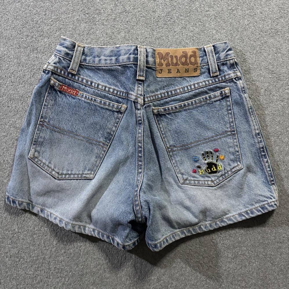 Vintage 90s Mudd Embroidered Handprint Denim Shorts High Rise Mom Size 3 24" W